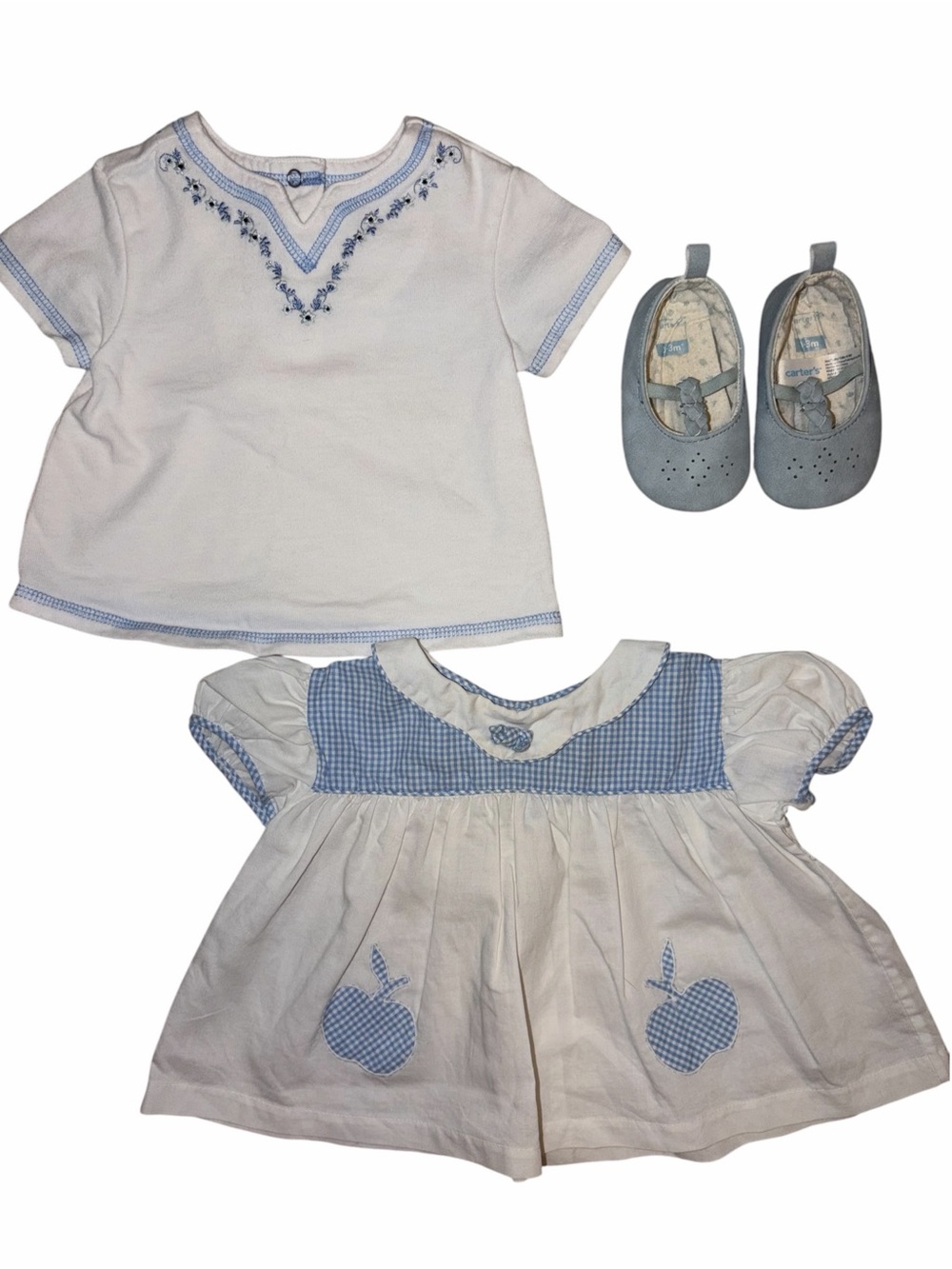 Vintage Y2K Baby Girl 0-3m Blue White Short Sleeve Top Shoes Embroidered Prairie